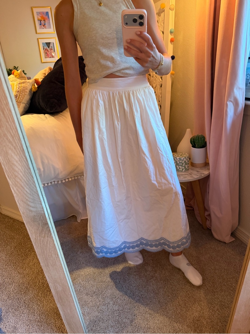 crown & ivy White Maxi Skirt with Blue Embroidered Hem